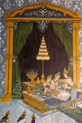 Fresko, das eine Szene aus dem Leben Buddhas in Wat Phra Doi Suthep, Chiang Mai darstellt. Junger Buddha als Prinz. Thailand